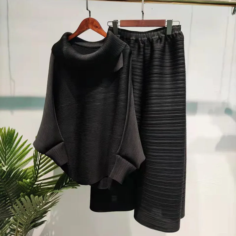 Miyake-Conjunto plisado de 2 piezas, Top de manga larga con cuello vuelto de gran tamaño y pantalones de pierna ancha de talla grande, novedad de 2024