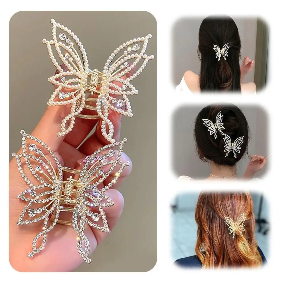 Garra para el cabello estilo mariposa para cabello fino y grueso, antideslizante, brillante, perlas de diamantes de imitación, decoración, accesorios para el cabello para mujer, L5Z0