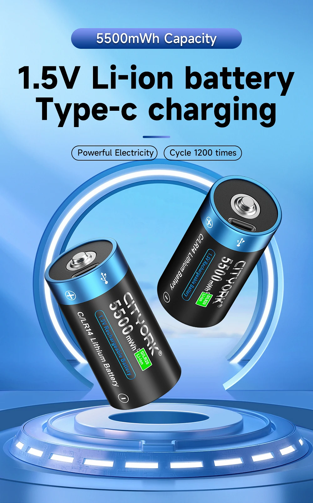 CITYORK 1,5 V R14 LR14 Akku C-Batterien Li-Ion Typ-C USB-Aufladung für Taschenlampe Gaskocher 100 % Original – Detail 2