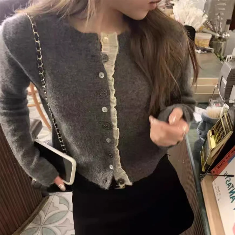 

New Women's Lace Splicing Knitted Cardigan Long Sleeve Sweater Soft Women's Casual Short Office Versatile Top