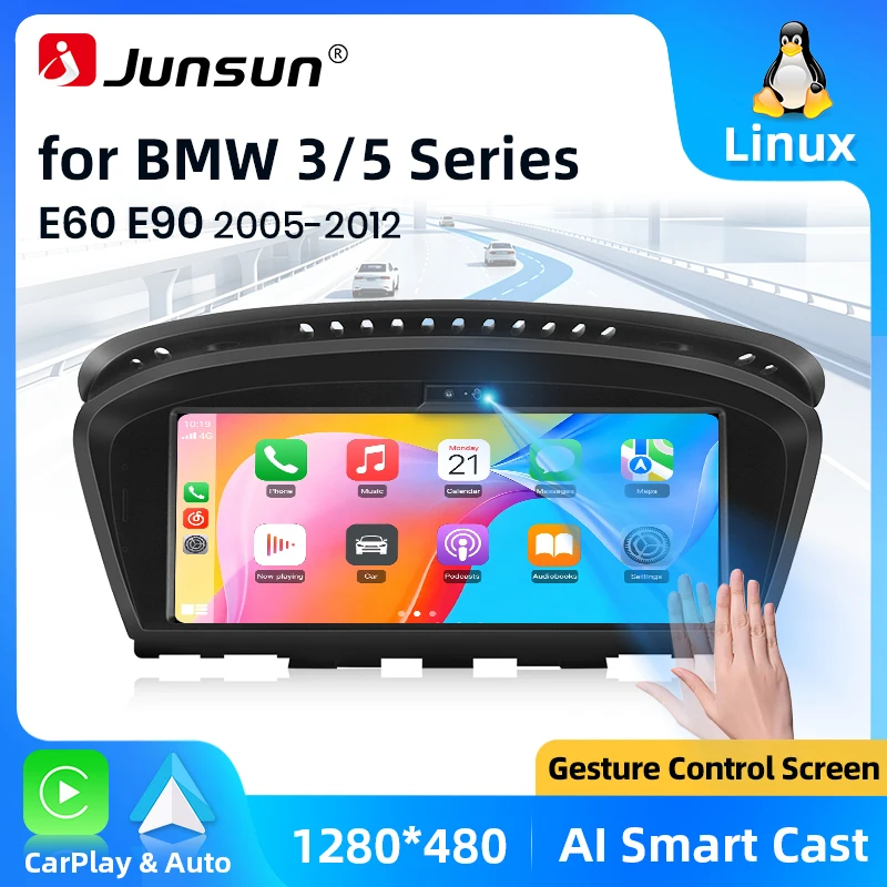 System Junsun Linux z funkcją sterowania gestami powietrznymi, bezprzewodowe Carplay i Android Auto, radio samochodowe do BMW serii 5 E60 E61 E62 E63 E64, serii 3 E90 E91 E92 E93 CCC CIC 2005-2012
