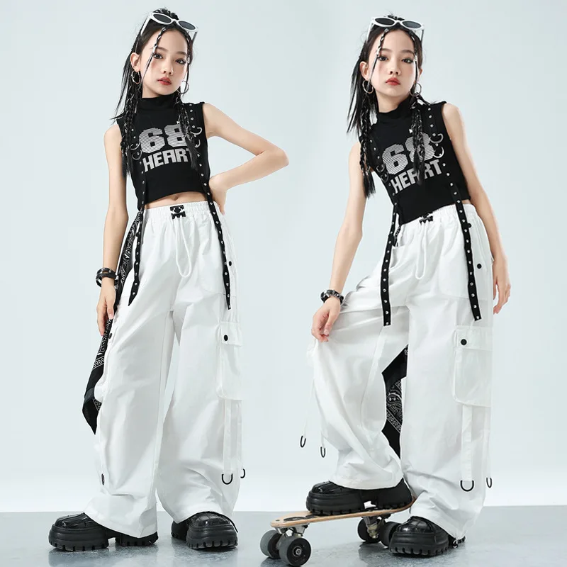 女の子ジャズダンスステージ衣装女の子 Kpop ヒップヒップダンス服ストリートダンスの摩耗キッズファッション Clohtes 黒トップスシャッフルパンツ