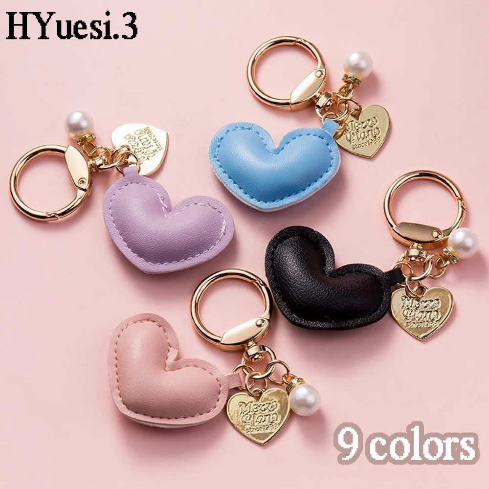 Simple PU Leather Heart Shaped Key Chains Metal Tag Pearl Charms With Key Holder For Women Girls Handbag Airpods Case Decoration