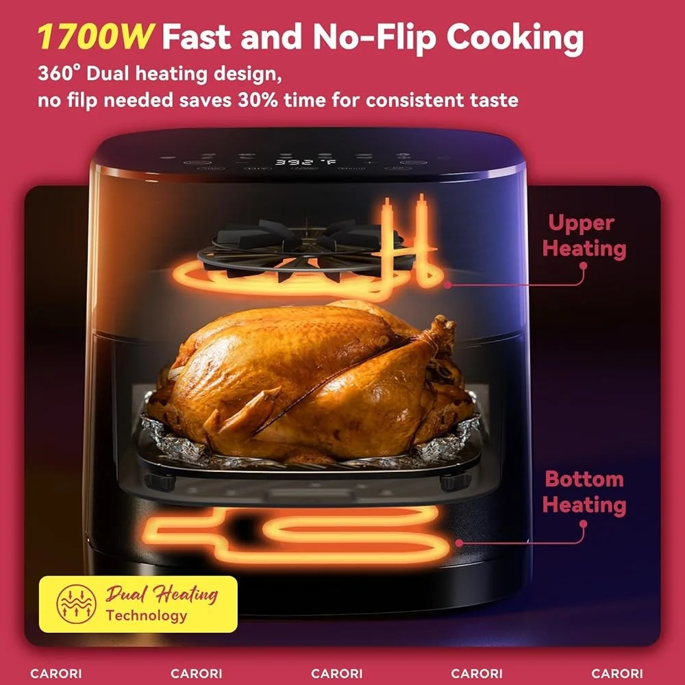 Fritadeira de ar 14 em 1 com janela de visualização Tecnologia de aquecimento duplo 1700W Cozinha rápida 95% Menus predefinidos de óleo Fácil limpeza