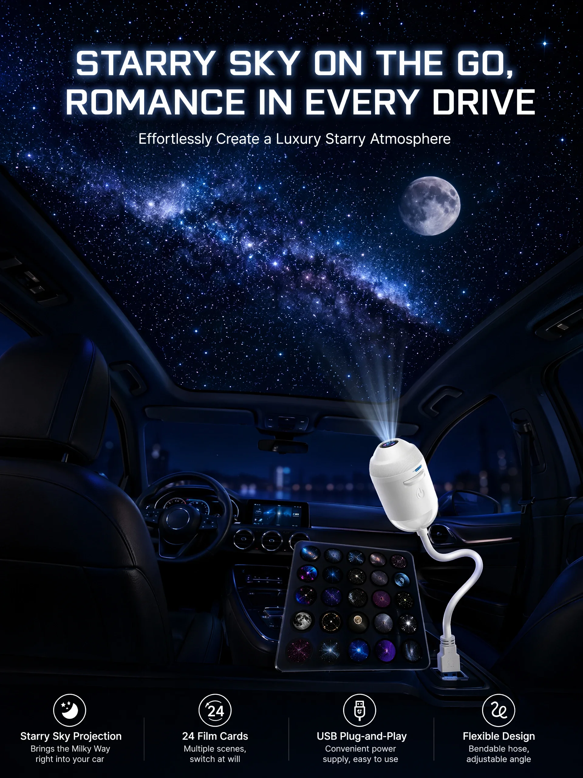 USB-Sternenprojektor-Licht 24-in-1 mit Touch-Steuerung, flexibler Schlauch, Auto-Dach-Galaxie-Nachtlicht für Schlafzimmer, Auto-Atmosphärenlampe – Detail 11
