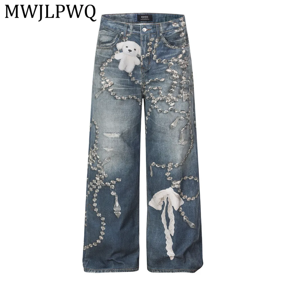 

MWJLPWQ Street Style New Printed Wide-Leg Jeans For Men Hip-Hop Trendy Niched Loose Gradient Washed Design Straight Pants 14682