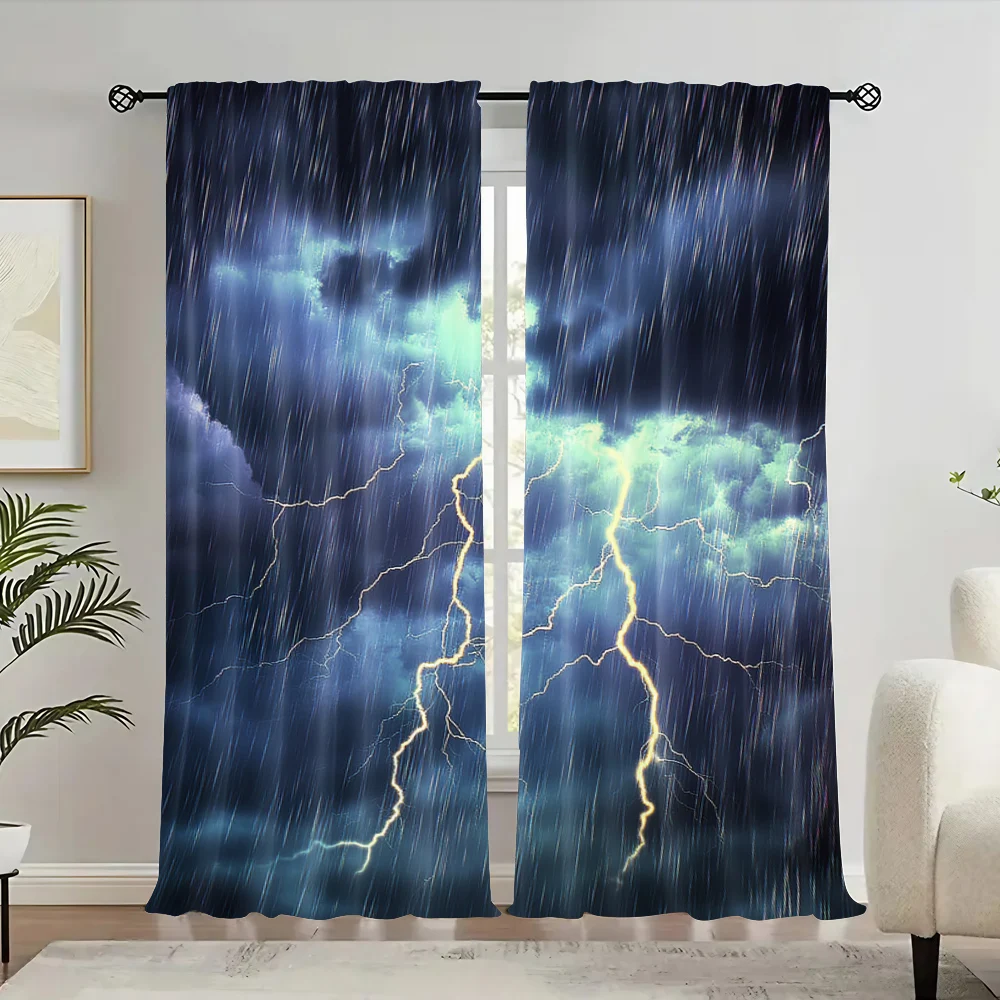 2Pcs Curtain Dark Clouds In The Sky Heavy Rain Thunder And Lightning Curtain Suitable For Living Room Bedroom Kitchen And