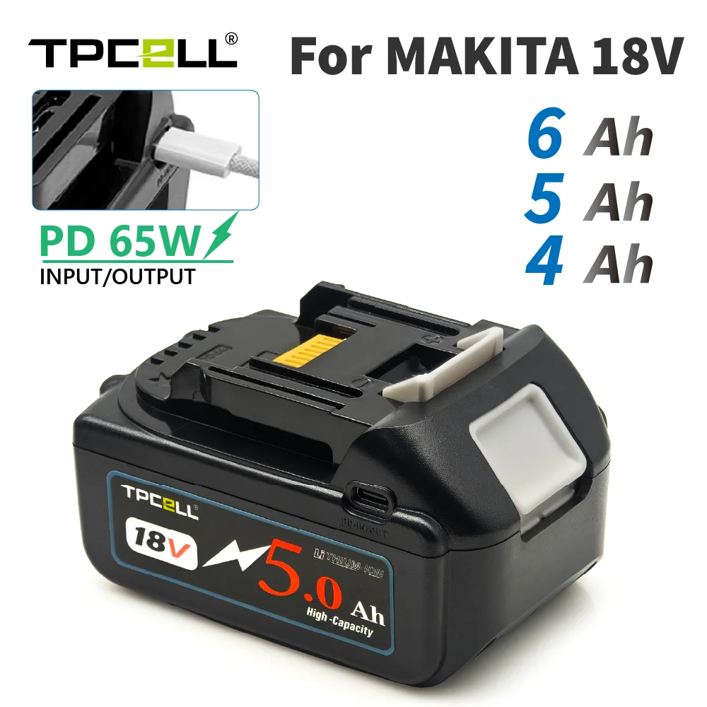 TPCELL 5/6AH PD65W For Makita 18V Battery with Type-C Input/Output Power Tools Li-ion Replacement LXT BL1850 BL1840