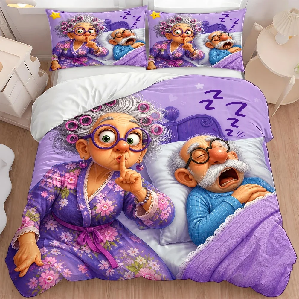 Customize 3Pcss Cartoon Fun Elderly Couple Print Duvet Cover Set, 3Pcss Bedding (1* Duvet Cover + 2* Pillowcases), Suitable for
