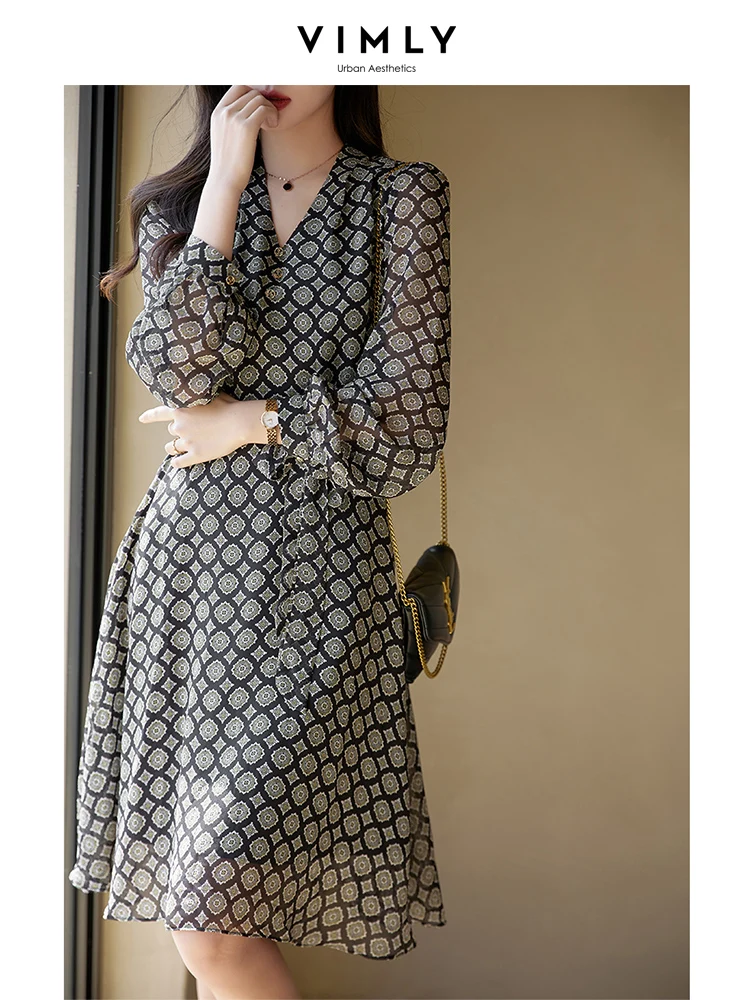 Vimly Black Printed Chiffon Dress for Women 2023 Spring Autumn Elegant V-neck Long Sleeve Tied Belt Female Vintage Dress V0791