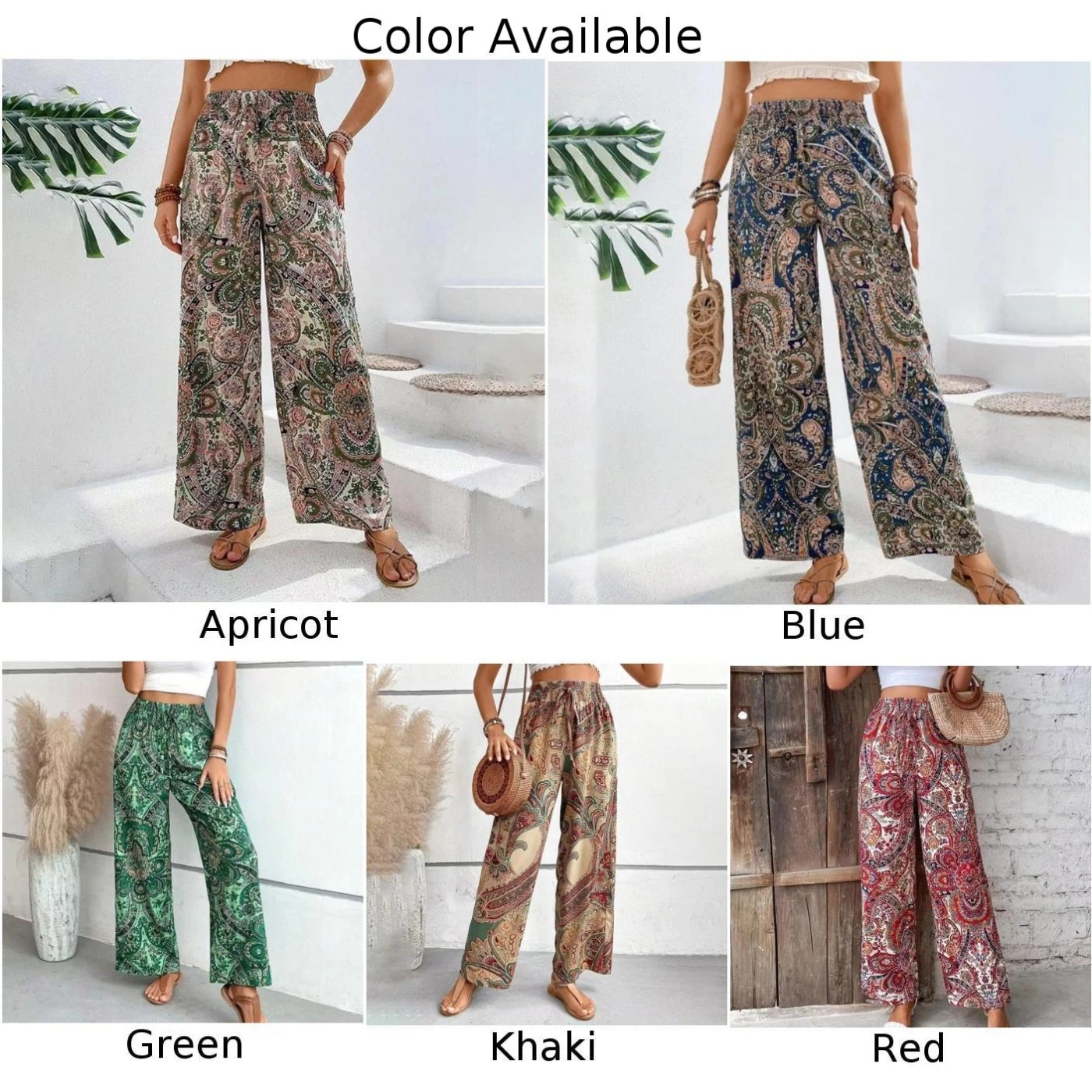 กางเกงขายาวเอวสูงลายแฟชั่น สไตล์ลำลองสำหรับผู้หญิง ใส่สบาย เหมาะกับฤดูใบไม้ผลิและฤดูร้อน ขอบเอวยางยืด สไตล์โบฮีเมียน เหมาะกับใส่ไปเที่ยวชายหาด
