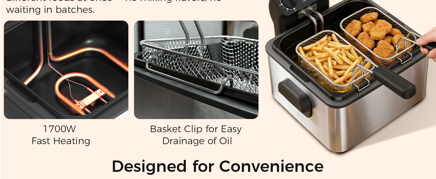 Electric Deep Fryer with 3 Baskets, 4.75QT Stainless Steel Countertop