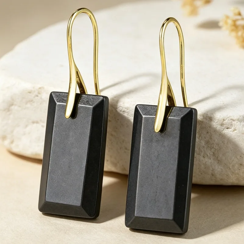 Obsidian Rectangle Stone Drop Earrings Elegant Light Luxury Dangle Earrings Fashion Jewelry for Women Daily Outfit Decor Gifts
