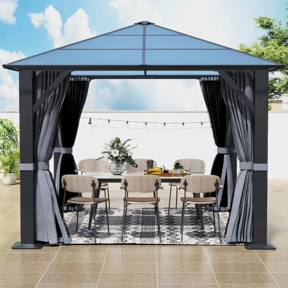 

10’x10’ Patio Hardtop Gazebo, Waterproof Gazebo with Polycarbonate Roof,Steel Frame Permanent Pavilion with Curtains and Netting