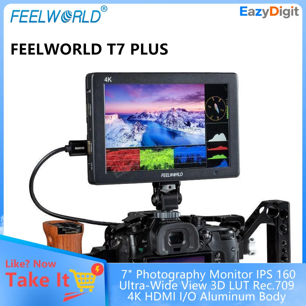 شاشة تصوير FEELWORLD T7 PLUS مقاس 7 بوصات IPS 160 رؤية واسعة جدًا ثلاثية الأبعاد LUT Rec.709 4K HDMI I/O هيكل من الألومنيوم سهل التعديل #1