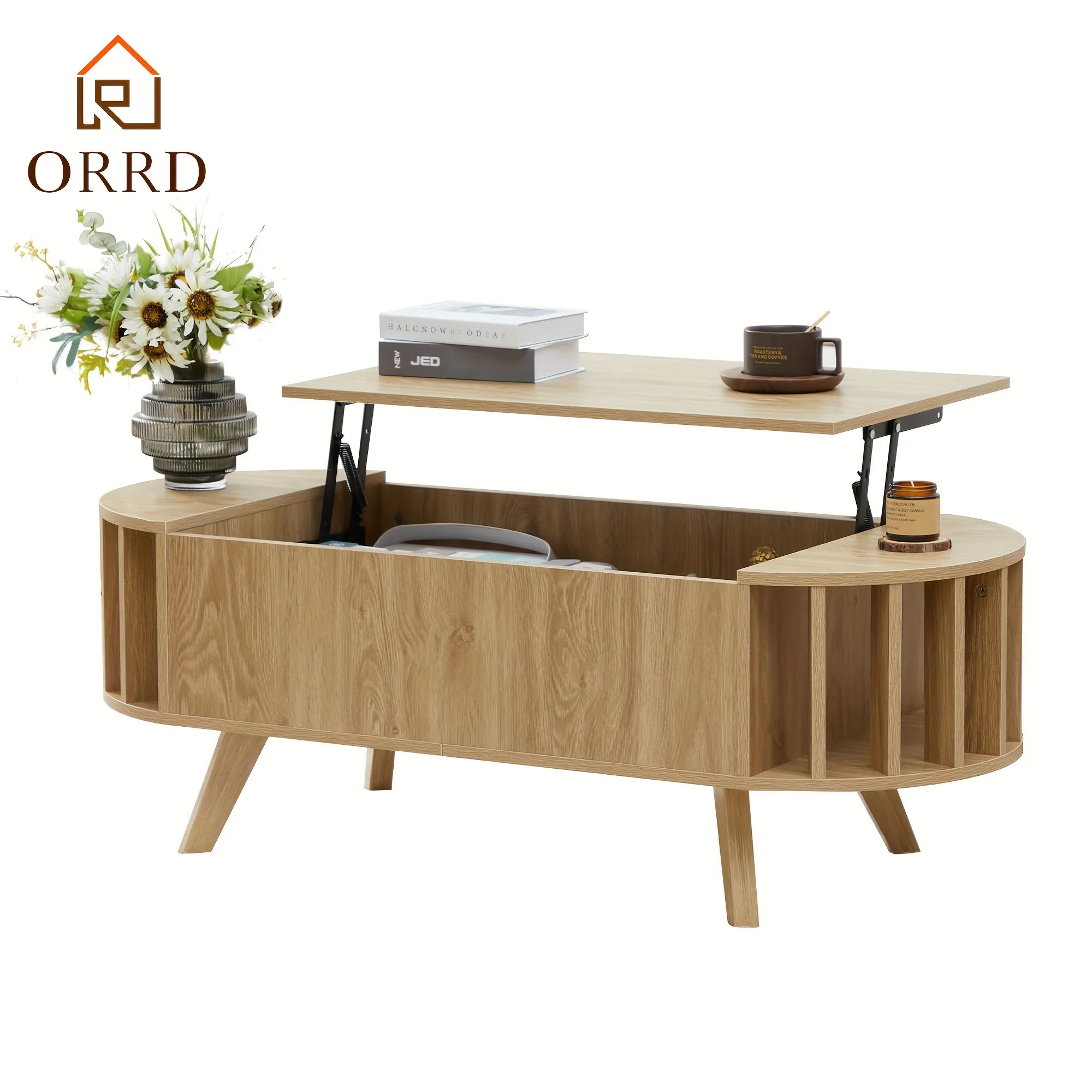 

47.3" Lift Top Coffee Table with Hidden Storage - Easy to Assemble End Table with Curved Design, Oval Living Room Center Table with Lift Tabletop for Office