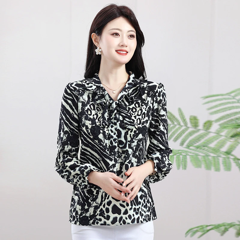 جديد الخريف طويلة الأكمام المرأة بلوزة عادية موضة القوس الكشكشة طباعة بلوزة شيفون قميص المرأة بلايز Blusa Mujer