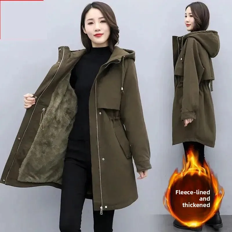 Medium Long Hooded Waist Cinching Parker Women's 2026 Autumn Winter New Thicken Warm Cotton Jackets Female Velvet Casual Coats