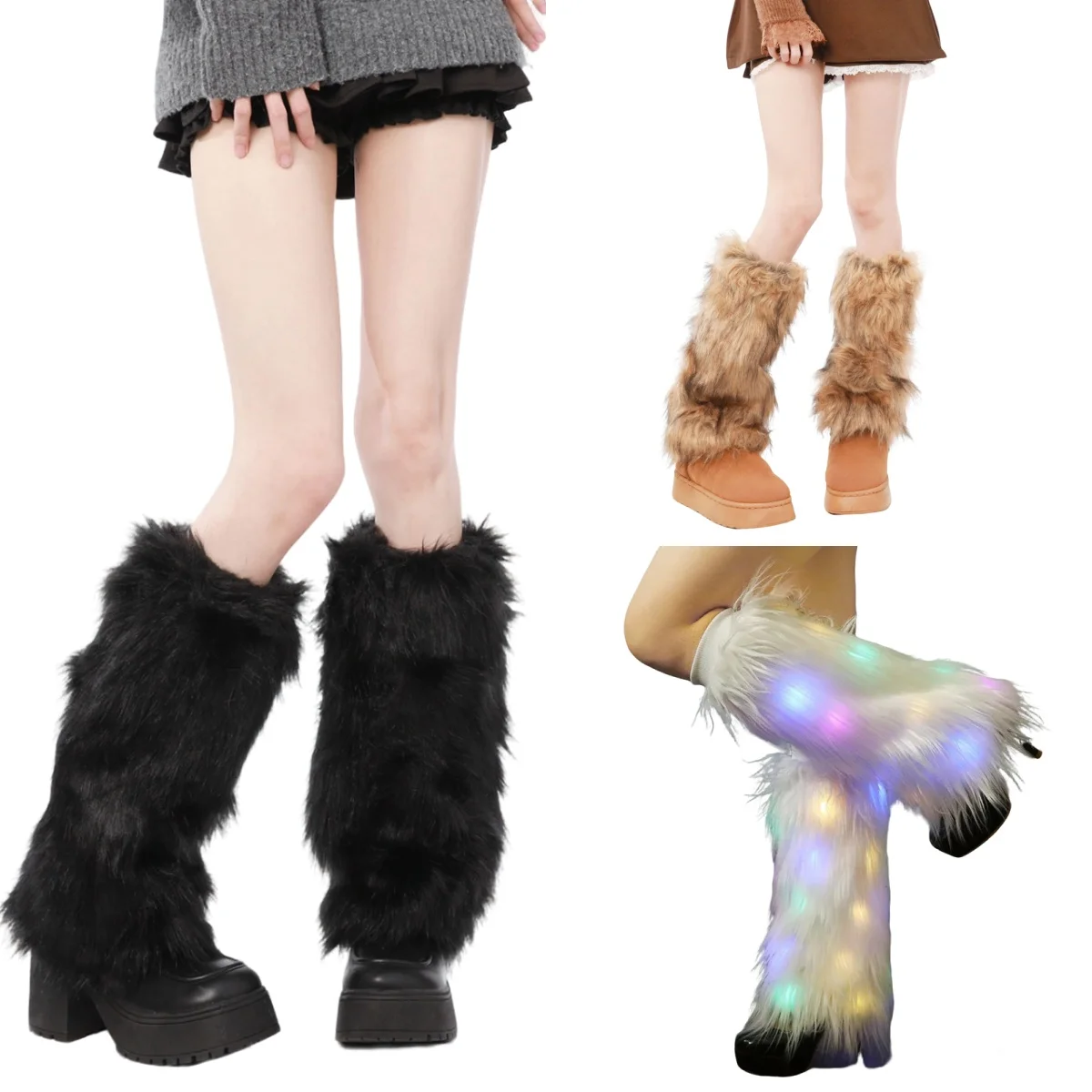 

Белые, черные, серебристые, серые гетры из искусственного меха с LED-подсветкой, пушистые, в стиле панк JK, до колена, модные, теплые, для девушек