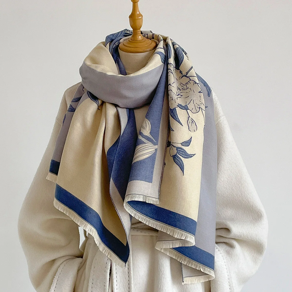 Women Scarf Floral Jacquard Shawl Imitation Cashmere Pashmina Wrap Lady Neck Warmer Outerwear Stole Fall Plant Flower Textile