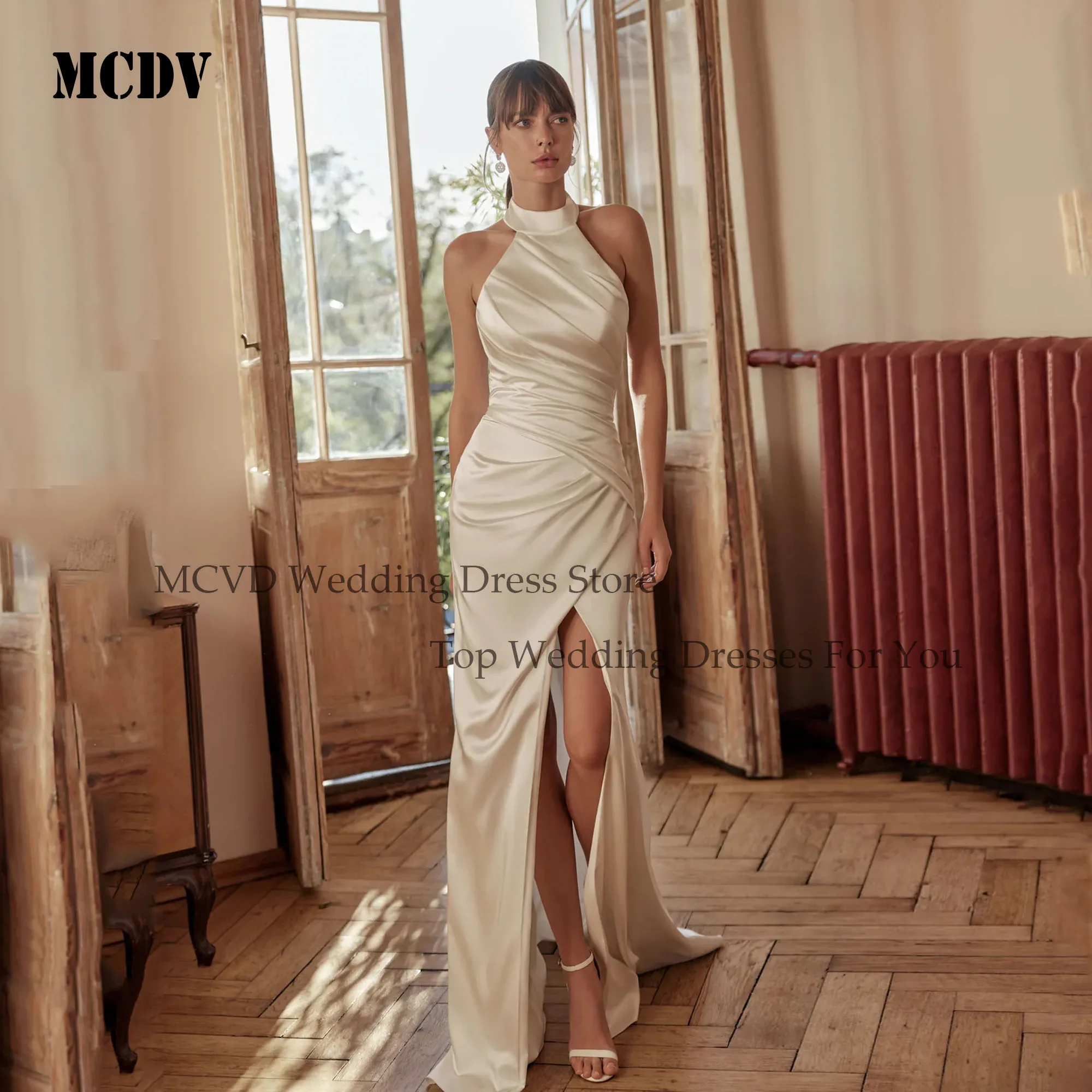 

MCDV Customized Sexy Mermaid Split Wedding Party Dress Sleeveless Satin Halter Neck Pleat Backless vestidos de novia boda