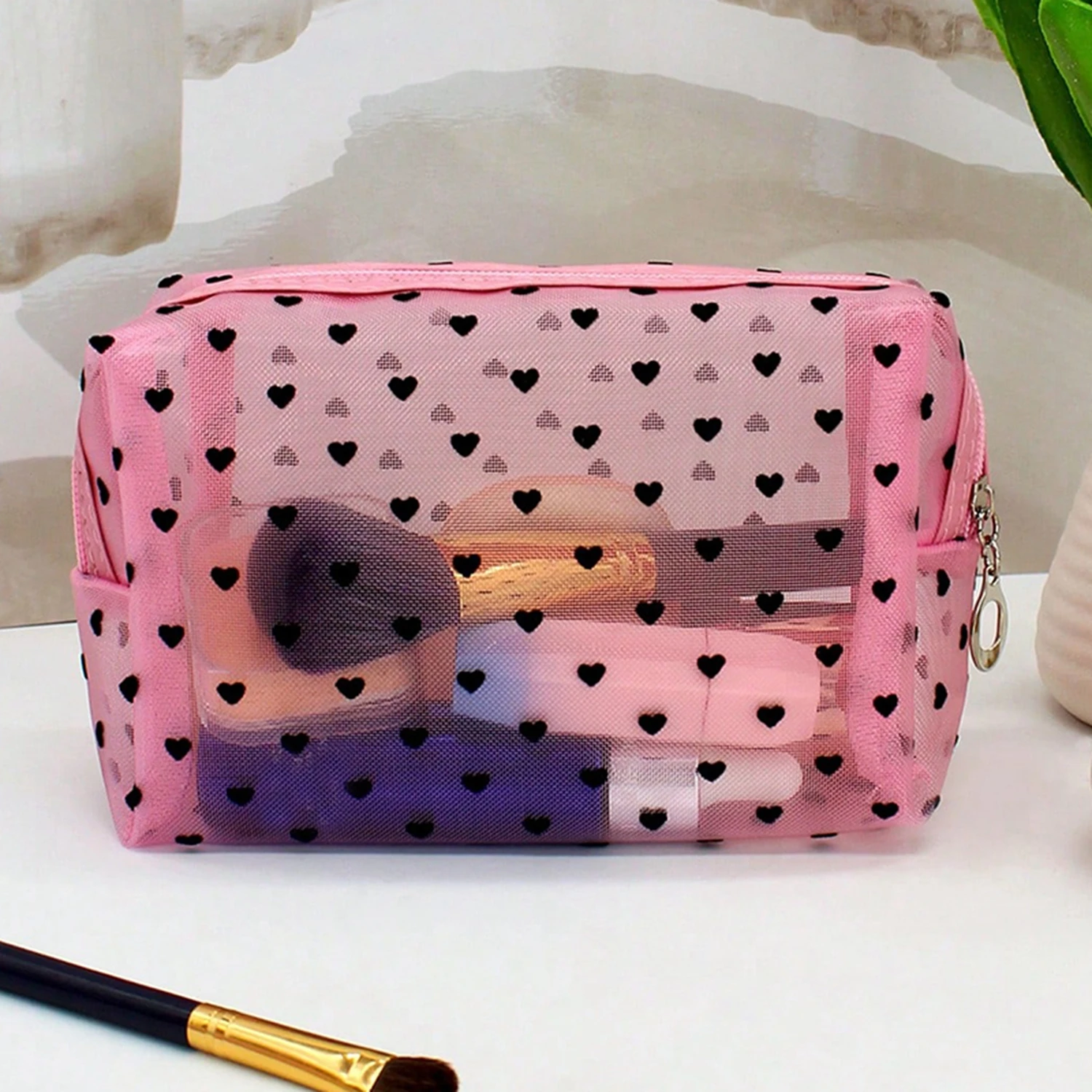 1PC Love Makeup Bags Mesh Cosmetic Bag Portable Travel Zipper Pouches For Home Office Accessories Cosmet Bag New