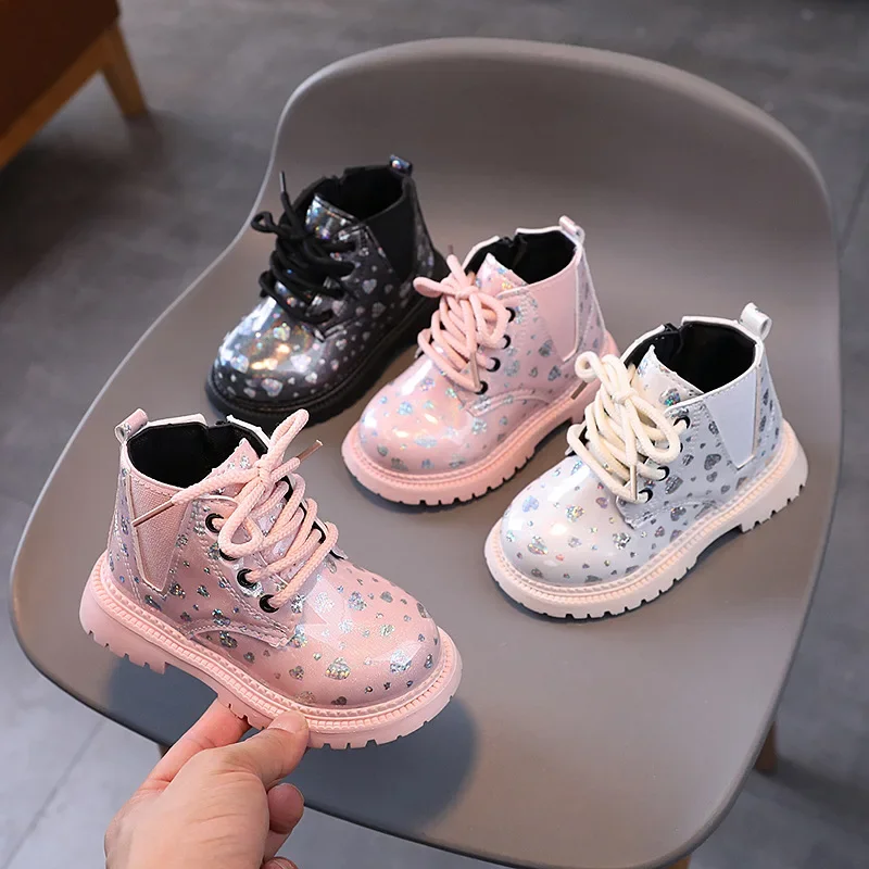 Autumn Baby Girls Boots Printed Shining Heart Children's Ankle Boots Spring Non-slip Baby Riding Boots Kids Shoes