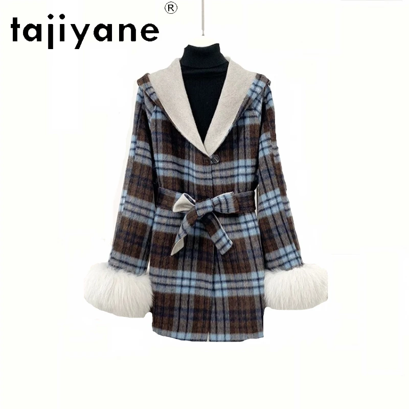 

Tajiyane 50% шерсть 10% Пальто из альпаки с манжетами из лисьего меха Пальто с капюшоном для женщин Зимняя куртка Повседневные женские пальто Женская одежда 2025пальто