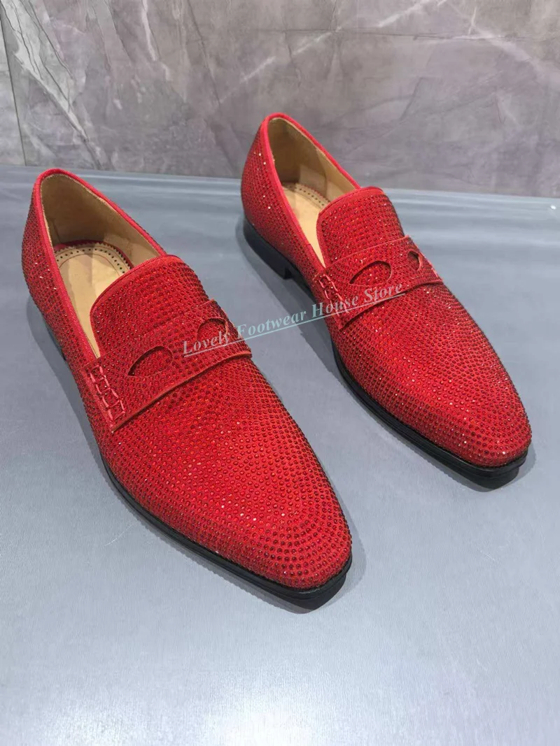 

Fashion Red Rhinstone Decoration Men Loafer Shoes Anti-Slip Comfortable Flat Heel Male Spring Autumn Slip On Single Shoes