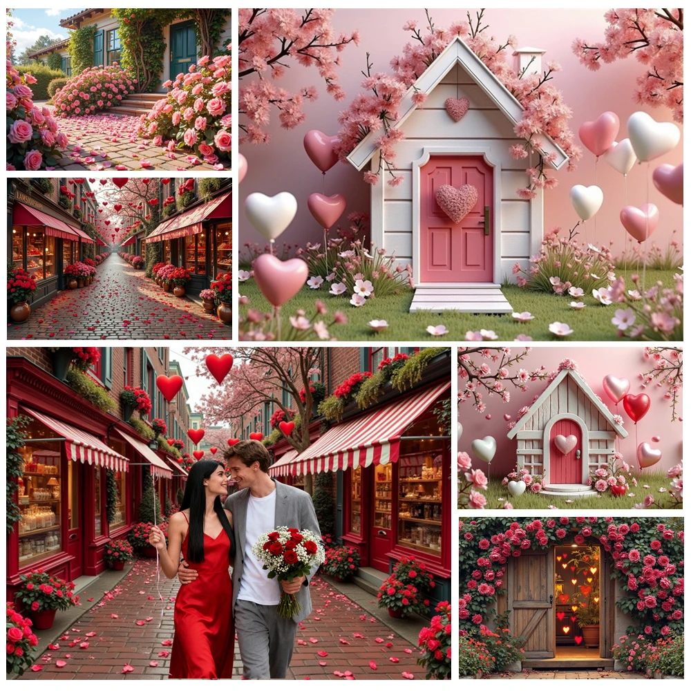 

MOON.QG Valentine's Day Heart Cottage Street Backdrop Heart Door Street Shop February 14 Background Girl Shooting Photo Studio