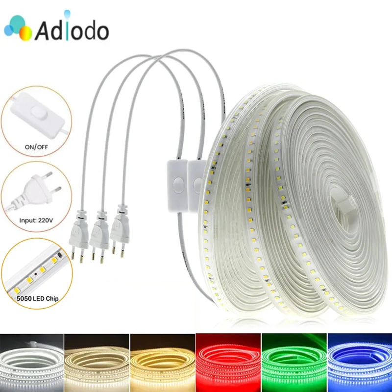 

220V LED Strip Light Flexible Lamp Outdoor Waterproof High Brightness LED Light Kitchen Backlight Home Decor with EU Plug Switch