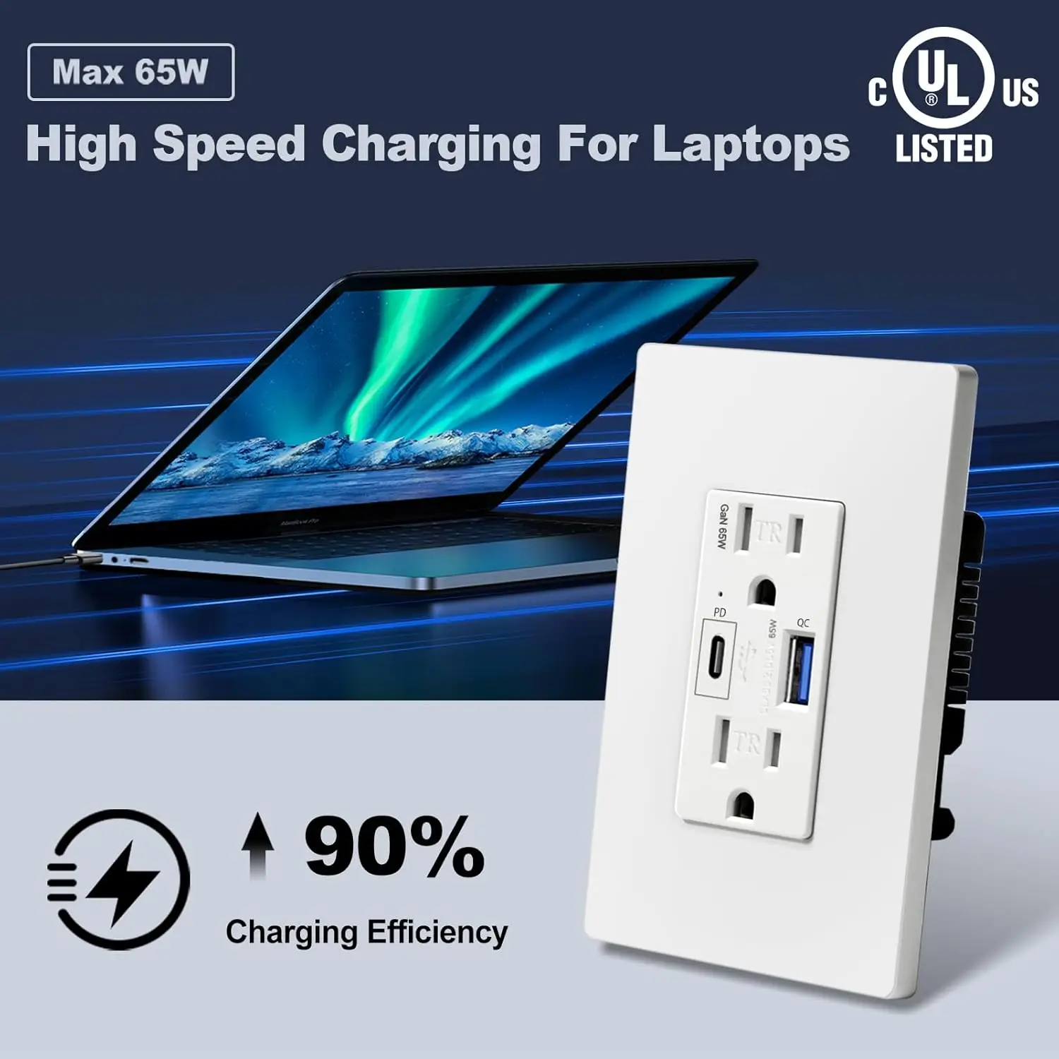 5 Pack GaN 65W USB C Wall Receptacle for Laptop, 15A High Speed Charging Power Outlets with USB Ports, Type C Supports PD 3.0