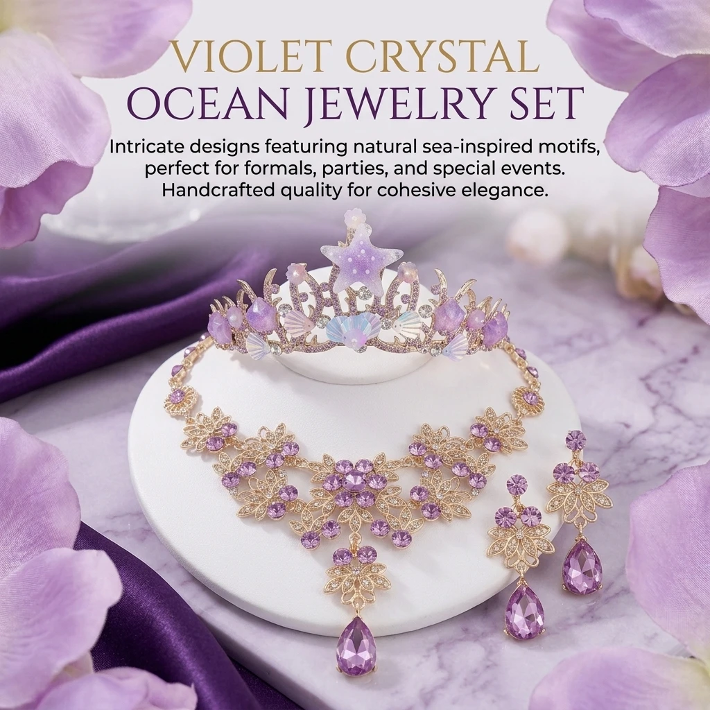 Jewelry Set Elegant Wedding Banquet for Women Violet Crystal Starfish Crown Necklace Earring Gift Accessories