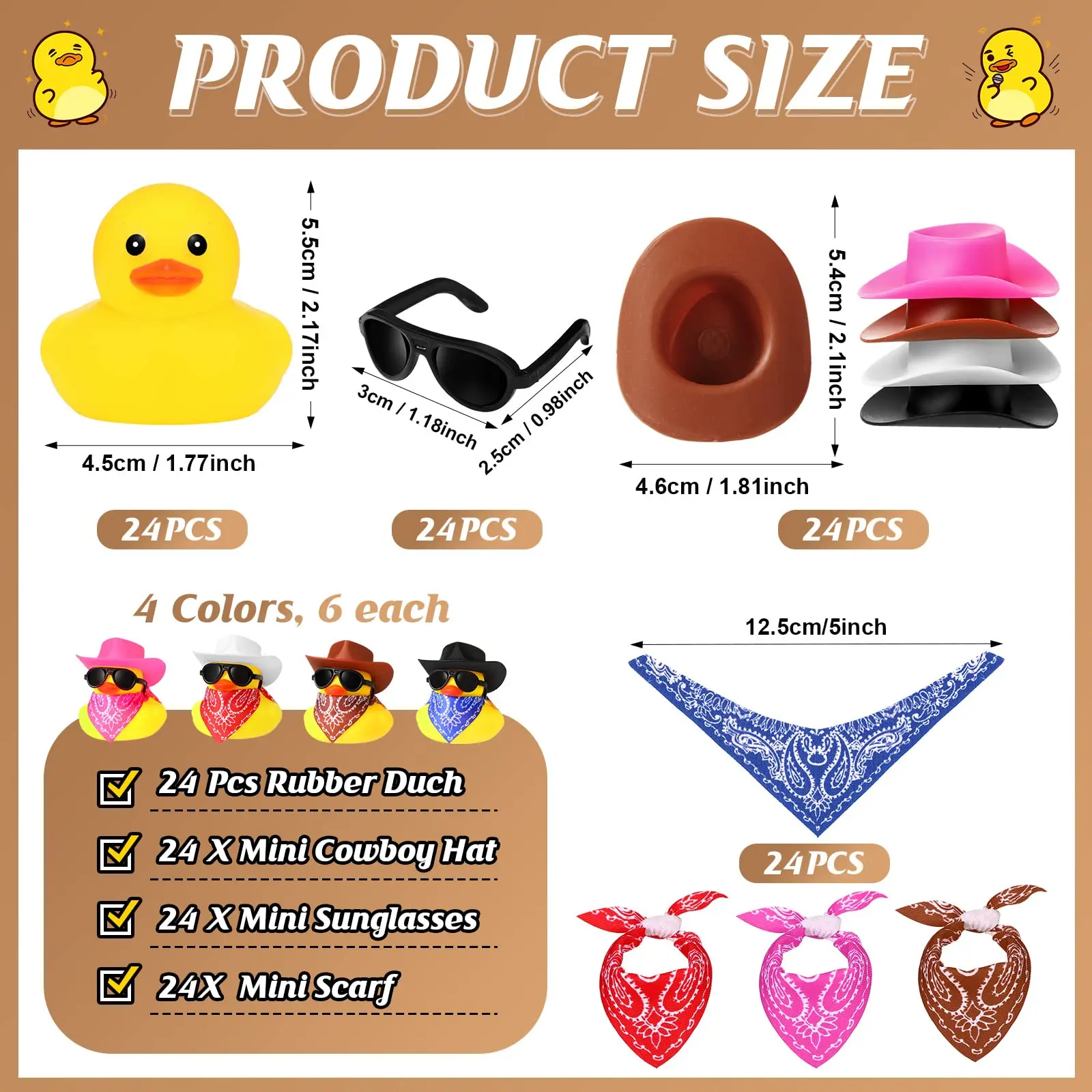 24Sets Cowboy Rubber Duck with Cute Mini Cowboy Hat and Scarf and Sunglasses Mini Bath Rubber Duck Small Bathtub Accessorie Toy