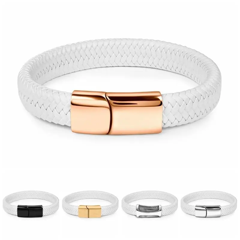 Jiayiqi 2024 Chic Braided Men Bracelet White Leather Bracelet Titanium Steel Clasp Male Jewelry Wholesale Customize