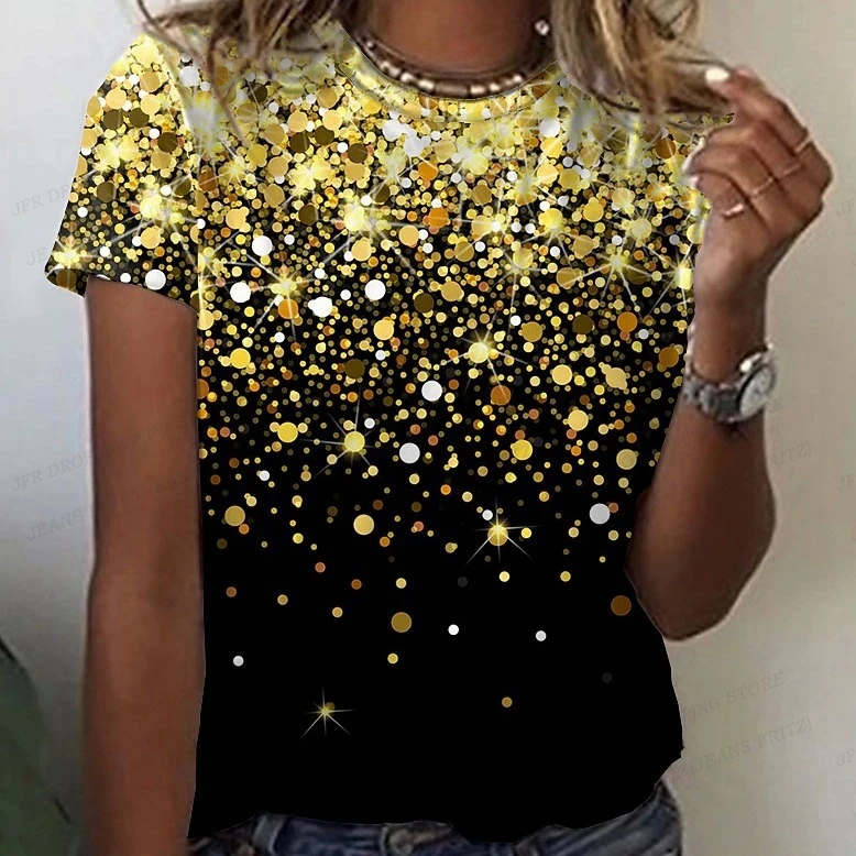 

Golden 3d Print Tshirt Women Fashion T-shirts Short Sleeve Tops Tees Oversized Tshirt Starry Clothing Women's Tops Summer