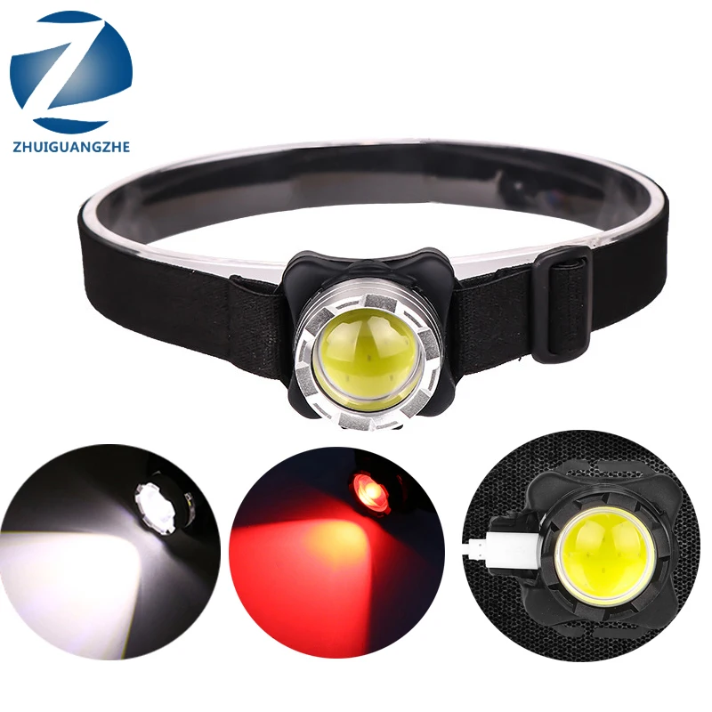 USB Rechargeable Headlight COB LED White Red Lighting Powerful Headlamp Head Light With Built-in Battery Waterproof Head Lamp