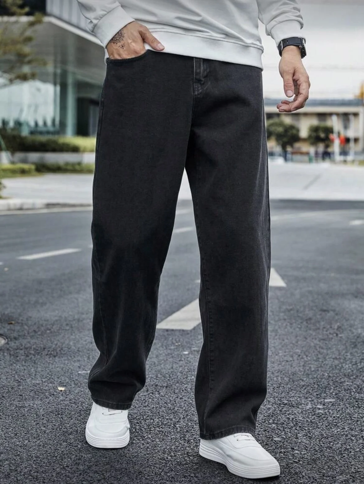 جينز مستقيم للرجال - مقاس مريح مع ثنية رائعة وبطن وتنحيف باللون الرمادي الداكن