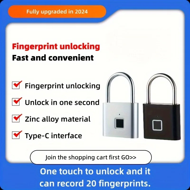 Fingerprint Lock Keyless USB-C Charging Smart Padlock Waterproof Door Lock 0.2sec Unlock Portable Anti-theft Padlock Zinc
