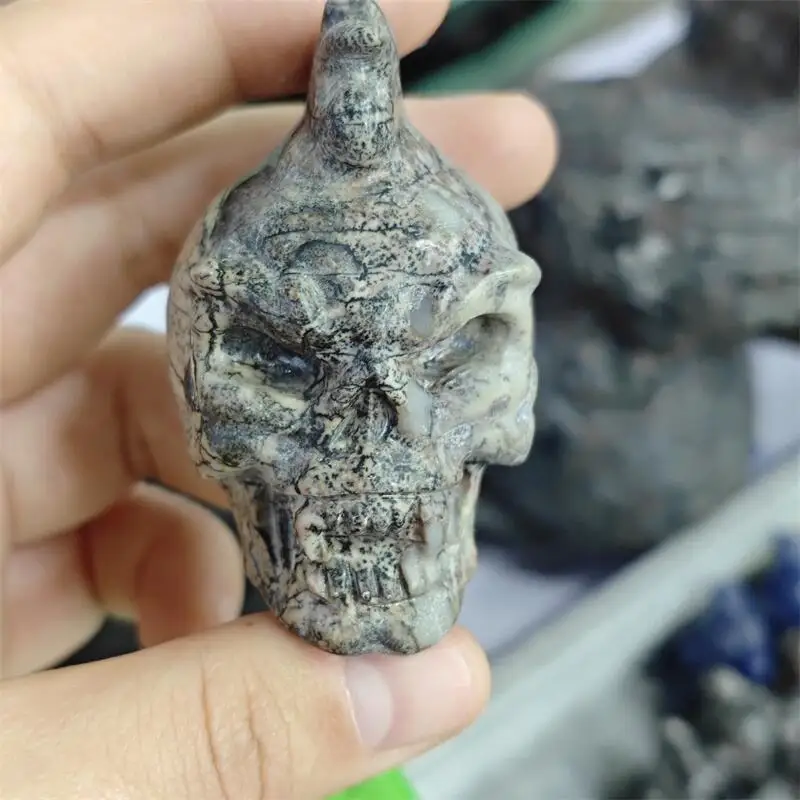 Natural Picture Stone Punk Skull Carving Reiki Figurine Home Office Desktop Decoration DIY Holiday Gift 1PCS