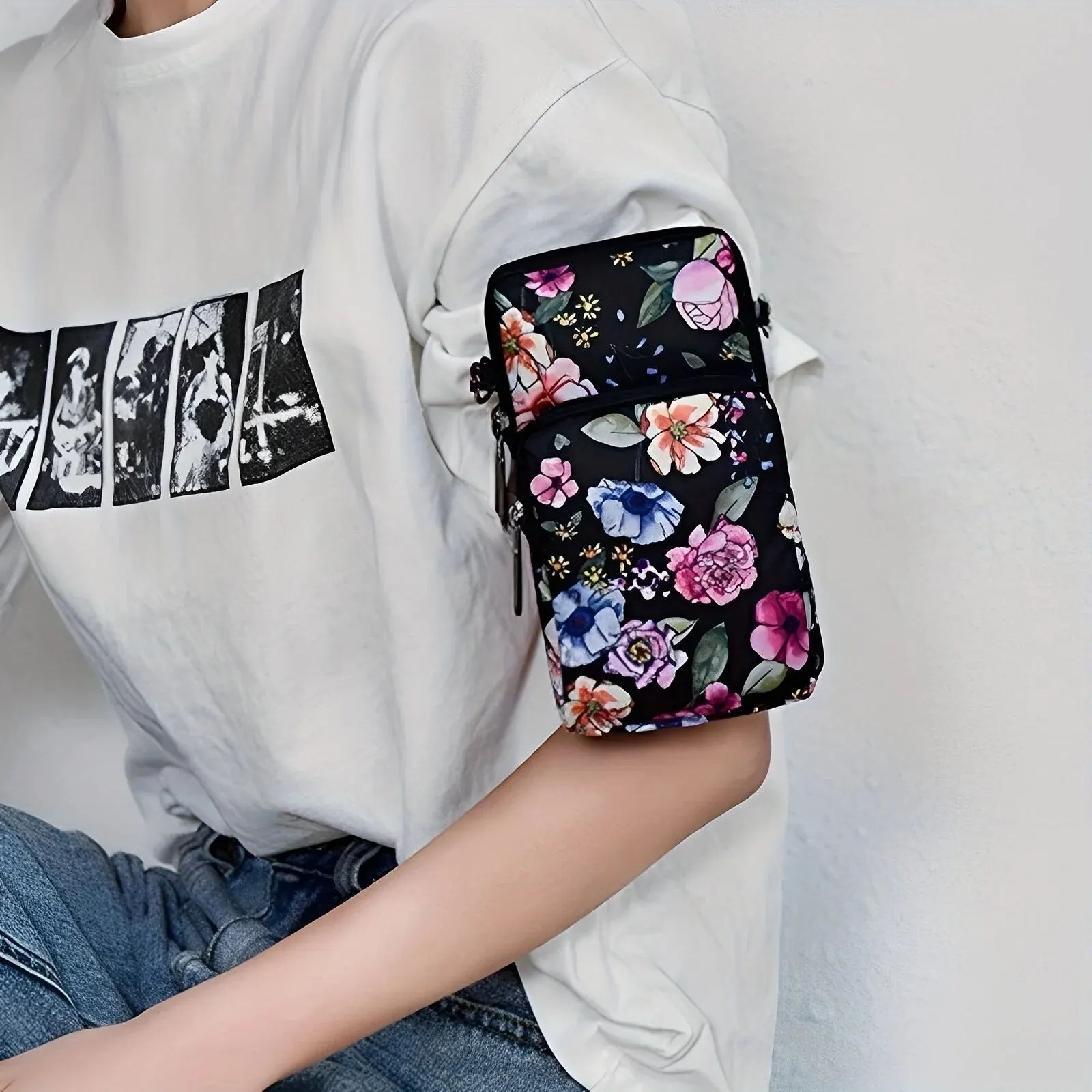 Vintage Floral Pattern Arm Bag Waterproof Sports Phone Purse Casual Travel Outdoor Crossbody Bag Lipstick Pouch