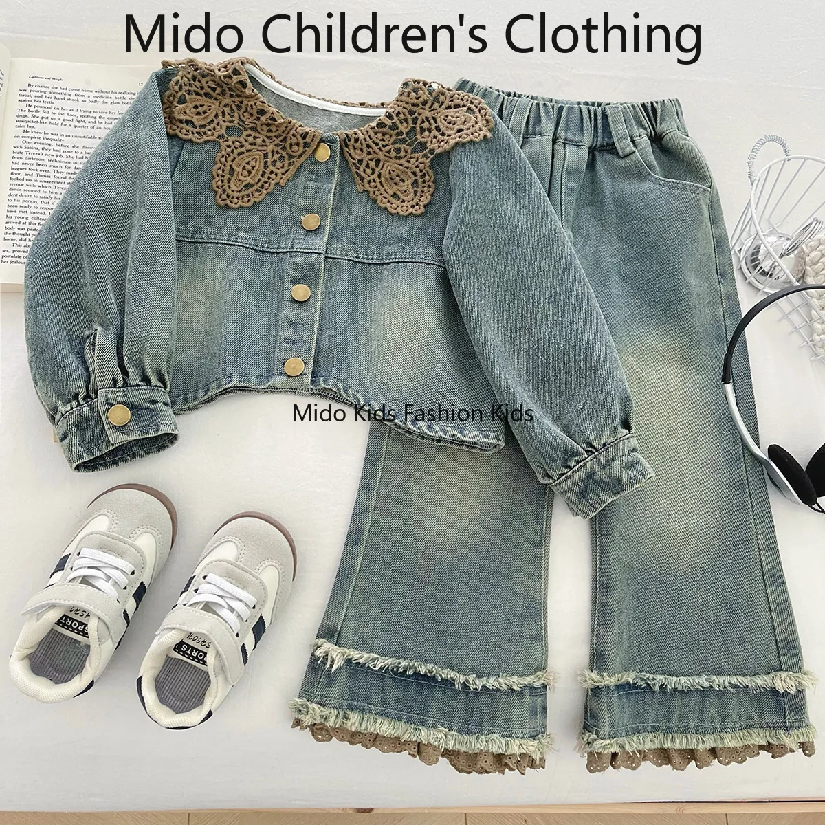 

Осень 2022, новая корейская версия, джинсовый брючный костюм с длинными рукавами для девочек, детские зарубежные мягкие джинсовые комплекты 90-150 см