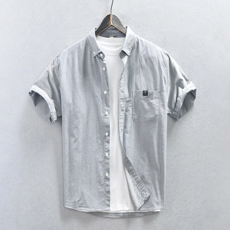 Summer men's Japanese style fresh, simple, solid color workwear style classic, comfortable breathable, loose short sleeved shirt