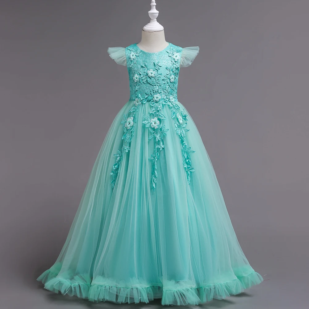 6 Colors 120cm-170cm European and American Children Dress Girl Wedding Princess Lace Embroidery Long Ball Gown Performance