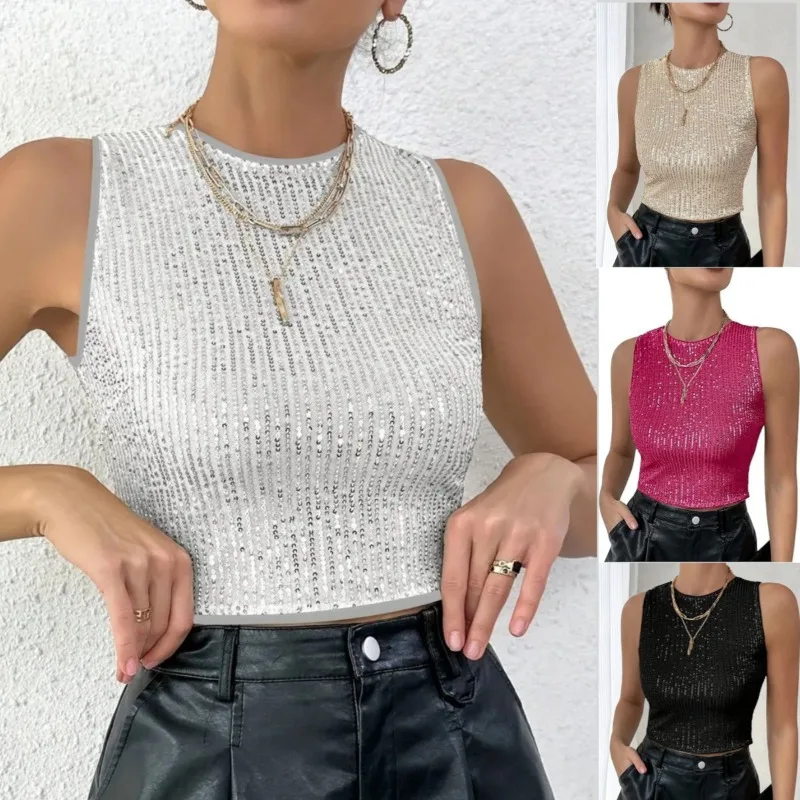 Women 2026 Spring Summer New Hot Selling Sequin Spaghetti Strap Slim Fit Camisole Top Casual Trendy European American Style Chic