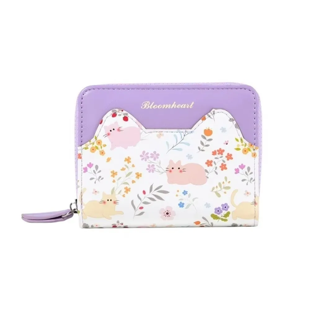 Cute PU Leather Short Wallet Cartoon Cat Pattern Zipper Coin Purse Large Capacity Multi Card Slots Card Holder Student