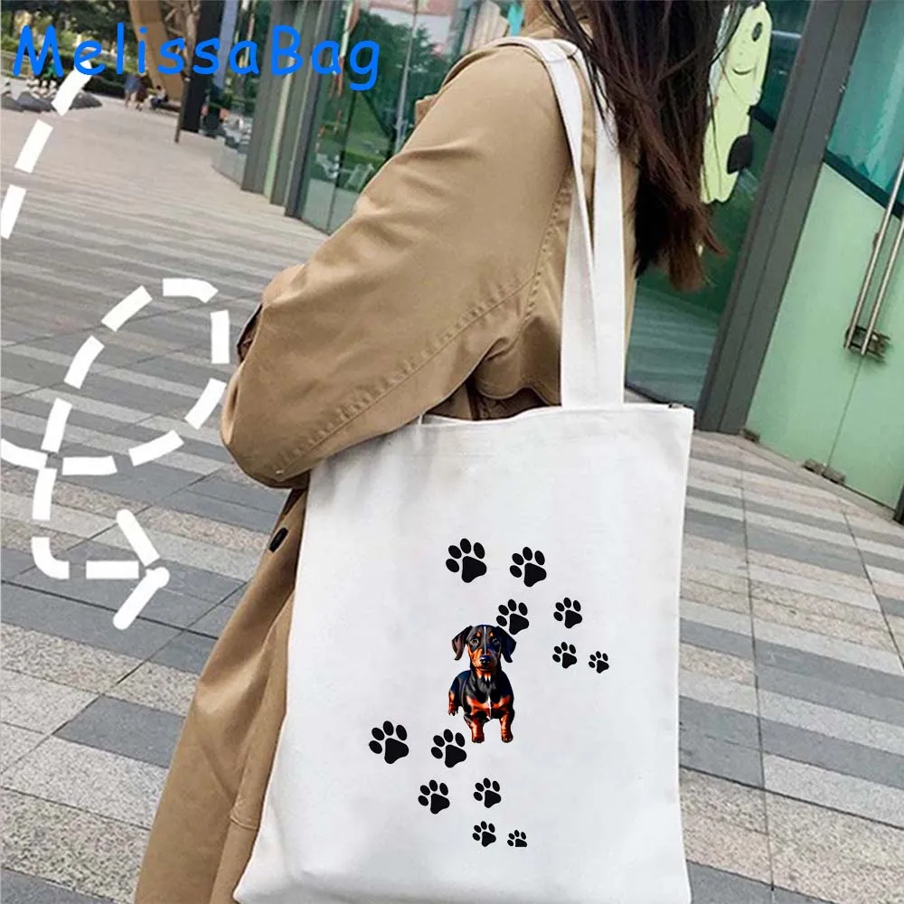 Schattige Teckel Puppy Moeder Bloemen Silhouet Grappige Cartoon Hippie Hond Liefhebber Hart Cadeau Canvas Schouder Draagtas Katoenen Handtas