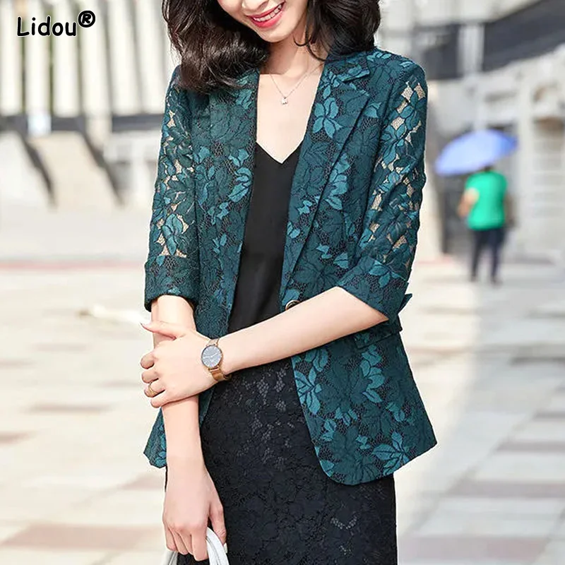 Women\'s Clothing 2022 Plus Size Solid Skinny Notched Casual Lace Thin Patchwork Spring Summer Pockets Button Sexy Blazers Coat