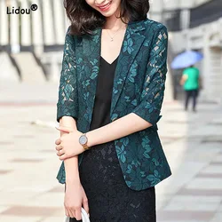 Women's Clothing 2022 Plus Size Solid Skinny Notched Casual Lace Thin Patchwork Spring Summer Pockets Button Sexy Blazers Coat