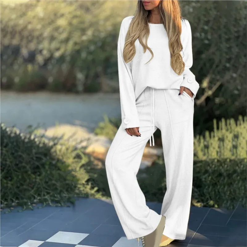 Damski zestaw 2024 New Fashion Casual Set Solid Color Long Sleeve Top Set Autumn Loose Wide Leg Pants Trousers Two Piece Set Female